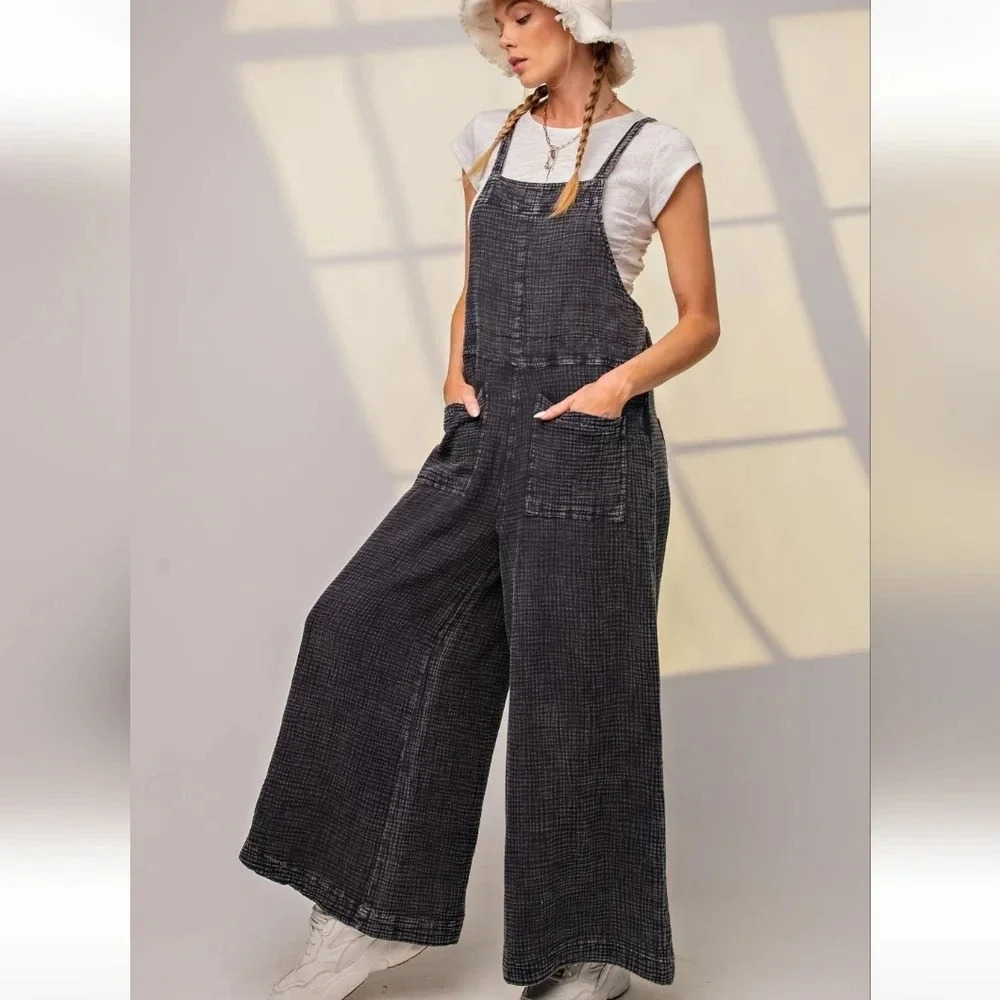 Easel Black Washed Cotton Jumpsuit Overalls New